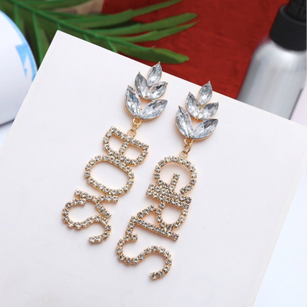 Girls Boys Rhinestone Drop Letter Earrings